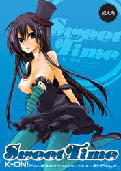 aoi_remi aqua_legwear black_hair blue_eyes blue_legwear blue_pantyhose breasts dress_pull elbow_gloves female female_only fingerless_gloves gloves hat high_heels human human_only k-on! large_breasts long_hair mini_top_hat mio_akiyama_(k-on!) nipples pantyhose shoes single_glove solo strap_slip striped striped_gloves top_hat