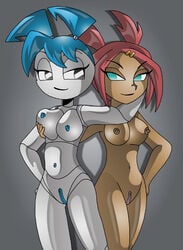 2girls android areola blue_eyes blue_hair breast_grab breasts crossover dark_skin female female_only gynoid hourglass_figure jenny_wakeman multiple_girls my_life_as_a_teenage_robot navel nipples pussy red_hair robot_joints sari_sumdac smooth_skin teenager transformers transformers_animated x^j^kny xj-9 xjkenny yuri