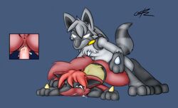 anus black_fur blonde_fur color cum female feral from_behind grey_fur insertion lucario male penis pokemon pokemon_(species) red_fur sex spike straight tagme tear vaginal_insertion vaginal_penetration vulva