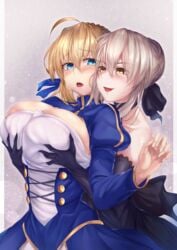 2girls ahoge alternate_breast_size artoria_pendragon artoria_pendragon_(alter) artoria_pendragon_(saber) bangs black_dress black_gloves black_ribbon blonde blonde_female blonde_hair blonde_hair_female blue_dress blue_eyes blue_ribbon blush blush_lines blushing blushing_female braid breast_grab breasts buttons choker cleavage cleavage_cutout clothing_cutout cross-laced_clothes dress dual_persona elbow_gloves fate/stay_night fate_(series) french_braid from_behind gloves grabbing grabbing_from_behind gradient gradient_background hair_between_eyes hair_bun hair_ribbon highres hirasawa_seiji juliet_sleeves large_breasts light-skinned_female light_skin long_hair long_sleeves multiple_girls open_mouth puffy_sleeves ribbon saber saber_alter selfcest sidelocks smile yellow_eyes yuri