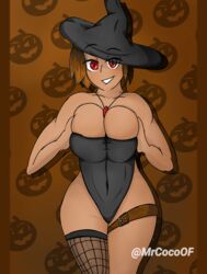 big_ass big_breasts confident elena_(mr.coco) female halloween halloween_costume huge_breasts looking_at_viewer mr.coco mrcoco original_character pressing_breasts_together red_eyes squish voluptuous wide_hips witch witch_hat