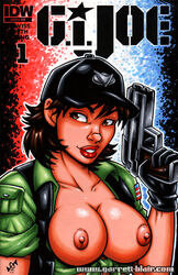 alison_r_hart_burnett big_breasts breasts comic_cover g.i._joe garrett_blair gloves gun hat idw_comics idw_publishing knotted_shirt lady_jaye open_shirt