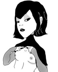 1girls bangs bedroom_eyes black_and_white black_hair black_lips bob_cut breasts cute fe female goth hotel_transylvania lipstick mavis_dracula nipples nude seductive_eyes seductive_look seductive_smile short_hair sketch small_breasts smile solo white_background