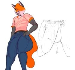 anthro big_penis bulge bulge_down_leg choker curvy femboy feminine_male fox furry hair_over_one_eye huge_cock hung_trap hyper_penis jeans marilyn_(quotefox) original penis_to_the_knees quotefox solo thick_thighs