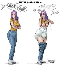 breasts diaper diaper_critter diaper_exposure diaper_under_clothing female infantilism long_hair nipples okayokayokok peeing peeing_self purple_hair sequence transformation watersports wet_diaper wetting