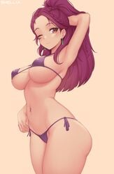 1girls armpits ass bare_thighs belly_piercing big_ass bikini brown_eyes female fire_emblem fire_emblem:_three_houses large_breasts looking_at_viewer micro_bikini midriff nintendo one_arm_up petra_macneary ponytail post-timeskip purple_bikini purple_eyes purple_hair purple_swimsuit shellvi smile solo swimsuit tan_skin thighs wink