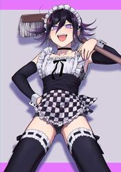 1boy choker crossdressing danganronpa dark_hair femboy girly kokichi_ouma maid maid_headdress maid_outfit male_only nail_polish new_danganronpa_v3 ouma_kokichi penis_bulge penis_under_clothes posing smooth_skin solo solo_male stockings