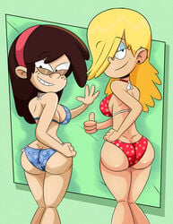 2girls aged_up ass ass_cleavage bangs big_ass big_butt bikini blonde_hair bra breasts brown_hair butt_cleavage butt_crack commission double_ass_focus double_butt_focus duo eyeshadow female female_only freckles green_background grin hair_over_eye hair_over_one_eye hairband half-closed_eyes hands_on_hips human human_only looking_at_viewer looking_back multiple_females multiple_girls nickelodeon nikki_(the_casagrandes) older panties sid_chang sideboob smile sonson-sensei the_casagrandes the_loud_house thick_thighs thighs thumbs_up waving waving_at_viewer wide_hips