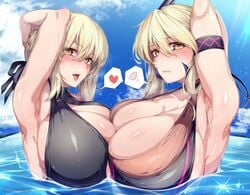 2girls alternate_breast_size artoria_pendragon artoria_pendragon_(alter) artoria_pendragon_(lancer_alter) asymmetrical_docking blonde_hair blue_sky blush breast_press breast_squeeze breasts cleavage cloud dual_persona eyebrows eyebrows_visible_through_hair fate/grand_order fate_(series) hirasawa_seiji horns huge_breasts large_breasts multiple_girls ocean partially_submerged platinum_blonde_hair saber_alter sky sparkle swimming swimsuit tongue tongue_out twitter_username yellow_eyes