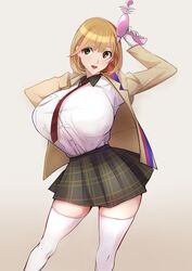 bangs baron_(artist) blonde_hair blouse bob_cut breasts energy_gun female gloves gun huge_breasts jacket long_sleeves looking_at_viewer narusawa_ryouka necktie occultic;nine open_mouth plaid plaid_skirt pleated_skirt ray_gun shirt short_hair skirt smile thick_thighs thighhighs thighs weapon white_shirt yellow_eyes