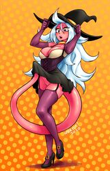 1girls 2010s android_21 android_21_(good) blue_eyes breasts dragon_ball dragon_ball_fighterz dragon_ball_super female heels humanoid light_persona long_hair majin majin_android_21 monster_girl nortuet pink_skin pointy_ears skirt_lift stockings tail white_hair witch witch_hat