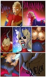 3:5 ass big_breasts black_sclera blue_body bodily_fluids breasts captain_marvel carol_danvers comic corruption demon dialogue digitigrade fangs female fingering genital_fluids genitals hi_res horn human humanoid lemonfont mammal marvel masturbation nipples onomatopoeia penetration pussy pussy_juice solo sound_effects tentacle text tongue tongue_out transformation vaginal_masturbation vaginal_penetration