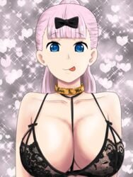 1girls big_breasts blue_eyes bra breasts busty collar collarbone female female_only fujiwara_chika hairbow kaguya-sama_wa_kokurasetai_~tensai-tachi_no_renai_zunousen~ kilroylw large_breasts lingerie looking_at_viewer pink_hair solo solo_female solo_focus tongue tongue_out