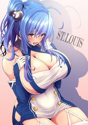 absurdres ahoge azur_lane bangs bare_shoulders blue_hair blush breasts character_name cleavage collarbone commentary_request elbow_gloves eyebrows_visible_through_hair eyes_visible_through_hair female garter_straps gloves hair_between_eyes hair_ornament hands_on_own_chest highres huge_breasts kira_kazuki long_hair looking_at_viewer open_mouth purple_eyes shiny shiny_hair shiny_skin sideboob simple_background sitting smile solo st._louis_(azur_lane) teeth thighhighs white_gloves white_legwear