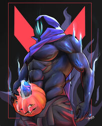 1boy buff cum demon demon_boy dick fucking_pumpkin gay improvised_sex_toy male_only muscular omen_(valorant) penis pumpkin solo solo_male valorant