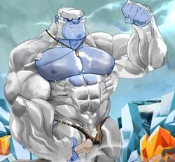 blue_skin bone crystal crystal_necklace flexing gay looking_at_viewer male male_only meat muscular muscular_arms muscular_male necklace saliva smiling solo thy_carker thymilph white_fur yeti