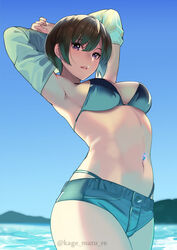 1girls absurdres armpits arms_up bikini black_hair blue_bikini blue_shorts breasts cowboy_shot day denim denim_shorts earrings female female_only highleg highres kagematsuri lip_gloss looking_at_viewer medium_breasts micro_shorts navel navel_piercing original outdoors parted_lips piercing purple_eyes short_hair short_shorts shorts sky solo solo_female stomach string_bikini swimsuit thighs twitter_username undressing whale_tail