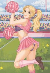 1girls artist_request ass blonde_hair bra cheerleader cheerleader_uniform clothing exposed_bra female female_only green_eyes panties panty_bulge pink_outfit pom_poms ponytail short_skirt skirt solo solo_female