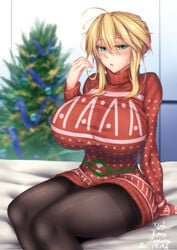 1girls ahoge aqua_eyes artoria_pendragon artoria_pendragon_(lancer) bangs black_legwear blonde_hair blurry blurry_background blush braid breasts christmas christmas_sweater christmas_tree commentary_request crown_braid curvy dated december depth_of_field dress eyebrows_visible_through_hair fate_(series) female female_only green_eyes hair_between_eyes hair_tousle highres hirasawa_seiji huge_breasts indoors looking_at_viewer pantyhose red_sweater ribbed_sweater sidelocks sitting sleeves_past_wrists solo sweater sweater_dress thick_thighs thighband_pantyhose thighs turtleneck turtleneck_sweater