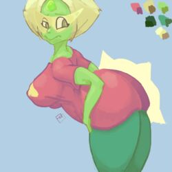 bent_over big_ass big_breasts big_thighs blonde_hair covering flustered fozuna green_skin peridot_(steven_universe) steven_universe t-shirt visor