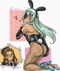 2boys ass blush blushing bunny_ears bunnysuit costume crossdressing dark-skinned_femboy dark-skinned_male dark_skin eye_patch femboy gay hearts inazuma_eleven inazuma_eleven_go kidou_yuuto kisaku_lover long_hair male_only nosebleed pantyhose raised_eyebrows sakuma_jirou simple_background yaoi