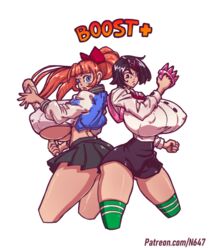 2020 2girls amazon ass backpack bag baseball_bat big_ass big_breasts black_hair blue_eyes breasts color female female_only growth huge_breasts human implied_growth jacket kunio-kun kyoko_(kunio-kun) letterman_jacket misako_(kunio-kun) multiple_girls n647 nipple_bulge nipples_visible_through_clothing outerwear red_hair river_city_girls short_skirt spiked_knuckles surprised thick_thighs thigh_highs thighhighs thin_waist underboob varsity_jacket voluptuous wasp_waist weapon wide_hips