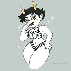 1girls 2020 black_hair black_lips black_nails blush breasts ear_piercing fangs green_eyes green_nipples grey_background homestuck horns kanaya_maryam lingerie looking_at_viewer monstersquish ms_paint_adventures nipple_piercing nipples piercing pointy_ears short_hair troll white_skin