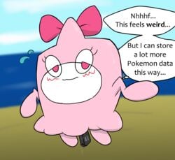 absurd_res accessory anthro blush bodily_fluids english_text female flashdrive genital_fluids hair_accessory hair_ribbon hairbow hi_res leakyroot nintendo pokémon_(species) pokemon pussy_juice ribbons rotom text usb video_games