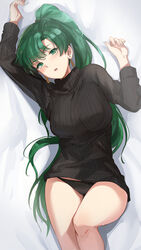 absurdres asymmetrical_bangs bangs black_panties black_sweater blush breasts earrings female fire_emblem fire_emblem:_the_blazing_blade fully_clothed green_eyes green_hair high_ponytail highres jewelry large_breasts long_hair long_sleeves looking_at_viewer lyn_(fire_emblem) lyndis_(fire_emblem) nintendo ormille panties ponytail sweater thighs underwear