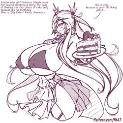 1girls ass big_ass big_breasts black_and_white bra breasts cake female huge_ass huge_breasts long_hair looking_at_viewer monochrome n647 original original_character request skimpy solo text thick_thighs voluptuous wide_hips