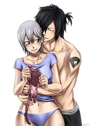 1boy 1girls arya-aiedail bikini_bottom black_hair blue_eyes blue_panties couple fairy_tail female hug lisanna_strauss male muscular muscular_male no_pants panties rogue_cheney shirt silver_hair tattoo wide_hips