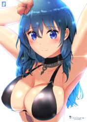 1girls armpits arms_up bare_arms bare_shoulders bikini black_bikini black_choker black_swimsuit blue_eyes blue_hair blush breasts byleth_(fire_emblem) byleth_(fire_emblem)_(female) chinchongcha choker cleavage collarbone female fire_emblem fire_emblem:_three_houses fire_emblem_heroes flower hair_flower hair_ornament hibiscus highres large_breasts long_hair looking_at_viewer nintendo red_flower sideboob simple_background smile solo swimsuit teal_hair upper_body white_background