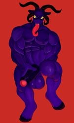 3:5 absurd_res anthro balls big_balls big_penis bovid caprine caprine_demon demon doggonut fur genitals goat goat_demon hi_res horn huge_cock looking_at_viewer male male_only mammal muscular muscular_anthro muscular_male nipples nude penis purple_body purple_fur purple_penis simple_background solo thisishomo tongue tongue_out