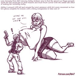 ! 1boy 1girls ashley_graham ashley_graham_(brooke_elizabeth_mathieson) ass big_ass big_breasts black_and_white breast_lift breasts breasts_bigger_than_head capcom female giantess heart huge_breasts leon_scott_kennedy male mini_giantess monochrome n647 nipples_visible_through_clothing request resident_evil resident_evil_4 seductive size_difference sketch taller_female taller_girl text thick_thighs underboob voluptuous wide_hips