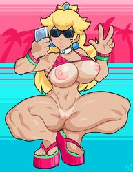 1girls 80's_theme armpits big_breasts bikini bikini_top blonde_hair bottomless bracelet breasts crown earring earrings female female_only flip_flops full_body gyaru mario_(series) muscular nintendo nipples nude palm_tree peace_sign phone platform_footwear platform_sandals presenting presenting_breasts presenting_hindquarters presenting_pussy princess_peach pussy sandals selfie sexy_armpits solo spread_legs squat squatting sunglasses tagme tan tan_lines tanline theironmountain tinted_eyewear v_sign vaporwave