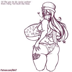 1girls ass bikini black_and_white breasts fairy_tail hand_on_ass heart huge_ass huge_breasts juvia_lockser looking_at_viewer looking_back monochrome n647 nipples_visible_through_clothing rosification solo swimsuit tattoo thick_thighs thin_waist voluptuous wide_hips