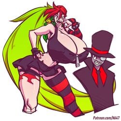 1boy 1girls alternate_breast_size annoyed ass_visible_through_thighs big_ass big_breasts black_hat black_hat_(villainous) breasts breasts_bigger_than_head bursting_breasts cartoon_network cleavage color demencia_(villainous) eyebrows_visible_through_hair fang hand_on_hip heart-shaped_pupils huge_breasts long_hair multicolored_hair n647 nail_polish nipple_bulge nipples_visible_through_clothing pantyshot red_hair size_difference smile smiling stockings striped_legwear taller_female taller_girl thin_waist very_long_hair villainous voluptuous wide_hips yellow_hair