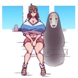 1girls aged_up alternate_breast_size ass big_ass big_breasts breasts breasts_bigger_than_head brown_hair chihiro_ogino color curvy female ghost huge_breasts human kaonashi large_ass light-skinned_female light_skin n647 short_hair sitting size_difference spirited_away studio_ghibli taller_female taller_girl thick_thighs voluptuous wide_hips