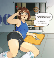 1boy androgynous brown_eyes brown_hair bulge chubby english_text femboy glasses holding holding_object laying_down looking_at_viewer male male_only mei_(overwatch) overwatch rule_63 slightly_chubby socks solo speech_bubble sulcate trap