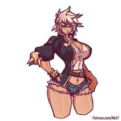 1girls big_ass big_breasts blazblue breasts bullet_(blazblue) cleavage color hand_on_hip jeans looking_at_viewer n647 nipple_bulge nipples_visible_through_clothing short_hair short_jeans shorts solo tanned tanned_skin thick_thighs voluptuous white_hair