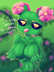 background big_breasts black_sclera cactus cactus_girl color colored cute flower flower_in_hair flowers greemer green_skin monster monster_girl monster_girl_(genre) plant plant_girl plant_humanoid spike spikes tongue tongue_out yellow_eyes