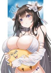 1girls 2020 :< ??? absurd_res ahoge animal_ears azur_lane bangs bikini black_hair breast_hold breast_squish breasts cleavage cloud cow_ears cow_girl cow_horns detached_sleeves dio_brando eyebrows_visible_through_hair female female_only flower hair_flower hair_ornament head_tilt highres holding horns huge_breasts jojo's_bizarre_adventure jojo_reference kashino_(azur_lane) kashino_(hot_springs_relaxation)_(azur_lane) kono_dio_da! light-skinned_female light_skin long_hair looking_down manjuu_(azur_lane) meme momo_(su) open_mouth outdoors phantom_blood purple_eyes sakura_empire_(azur_lane) sky smile solo swimsuit teeth tongue very_long_hair wet white_bikini