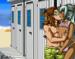 2boys abs beach bikini_bottom blush bulge closed_eyes clothed clothing dark-skinned_femboy dark-skinned_male dark_skin femboy gay glasses hand_on_head head_grab inazuma_eleven inazuma_eleven_go interracial kidou_yuuto kissing male male_only outdoor outdoors partially_clothed sakuma_jirou touching_penis yaoi