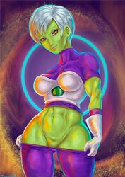 1girls abs alien alien_girl big_breasts bob_cut breasts busty cameltoe cheelai dragon_ball dragon_ball_super female female_focus female_only gloves green_skin hourglass_figure humanoid navel pants_down pinup pinup_pose pose posing shaved_pussy short_hair solo tagme toned toned_female tuomashart undressing white_hair wide_hips