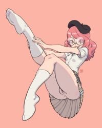 1girls anus ass asshole beret no_shoes nopan oca pink_background pink_hair pinup pose pussy round_glasses shirt skirt small_breasts socks solo upskirt