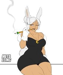 1girls aged_up black_dress bunny_ears bunny_tail cigarette dark-skinned_female dark_skin dress female female_only gloves metalling milf miruko my_hero_academia necklace older_female one_eye_closed red_eyes rumi_usagiyama smoking solo thick_thighs white_hair