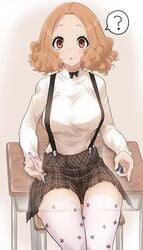 adorable big_breasts blush bow breast breasts clothed clothed_female curvy cute eyelashes eyeliner female female_only fluffy_hair haru_okumura kurosususu persona persona_5 question_mark school school_uniform schoolgirl simple_background sitting_on_desk skirt solo solo_female straight suspenders thick thighhighs thighs thin_waist young