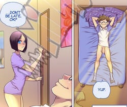 1boy 1girls after_incest after_sex bedroom black_eyelashes black_hair blue_bed_sheet blue_eyes bob_cut cheating cheating_wife collar color comic dialogue english english_text eyelashes flaccid flaccid_cock flaccid_penis full_color glasses hands_behind_head head_on_pillow incest medium_hair melkor_mancin milf mother mother_and_son no_pants older_female purple_top purple_topwear resting satisfied smile socks son spectacles straight_hair t-shirt text tshirt western western_art younger_male