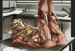 2018 alien bodily_fluids brown_body claws female furniture genital_fluids genitals holding_leg humanoid legs_up looking_at_viewer lying mass_effect nude on_back on_table palavenmoons presenting presenting_pussy pussy pussy_juice solo table turian video_games