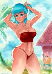 1girls bulma_briefs busty dragon_ball dragon_ball_(classic) female female_focus hourglass_figure master_roshi pinup pinup_pose pose posing solo tagme tuomashart wide_hips